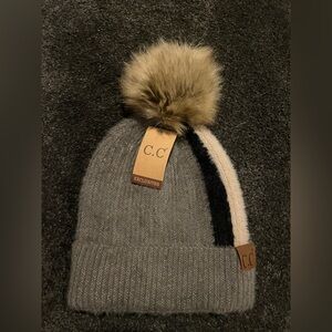 C.C  Gray Beanie with Faux Fur Pom